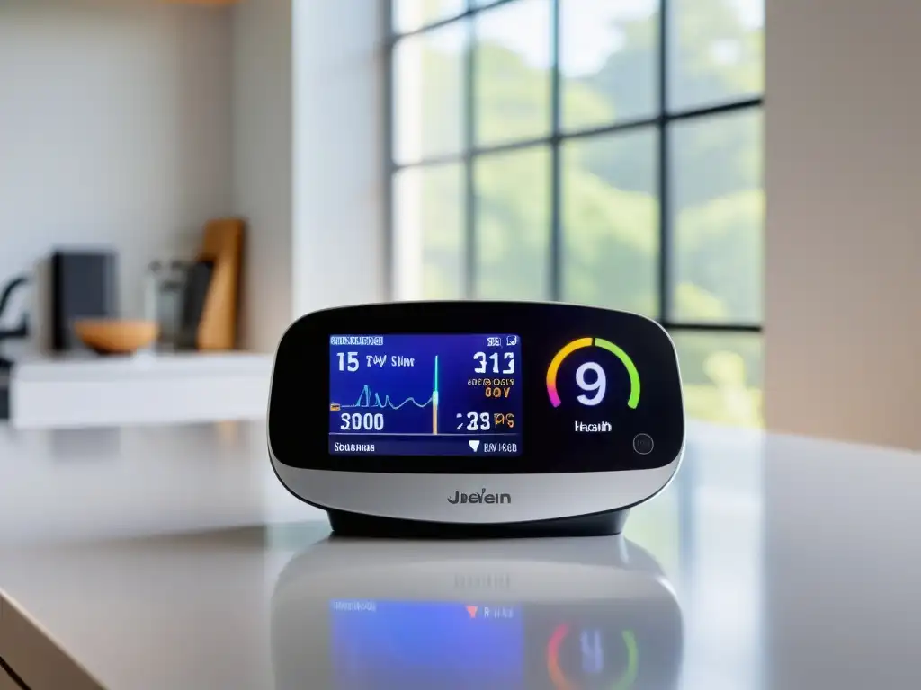 Un dispositivo moderno de monitoreo inmunológico para uso doméstico, con pantalla clara y datos en tiempo real, en un ambiente luminoso y minimalista