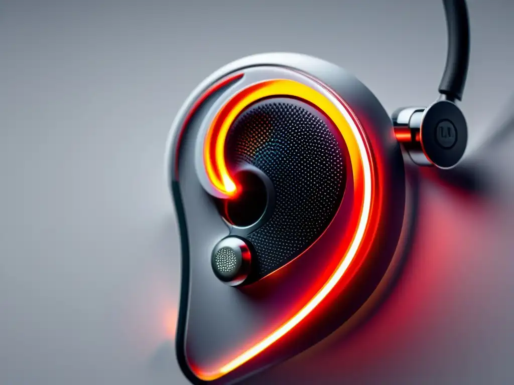 Dispositivo de monitoreo auditivo de alta tecnología: detalle ultramoderno Dispositivo de monitoreo auditivo inmunológico de diseño moderno y futurista, destacando sensores, indicadores y pantalla táctil en un fondo blanco