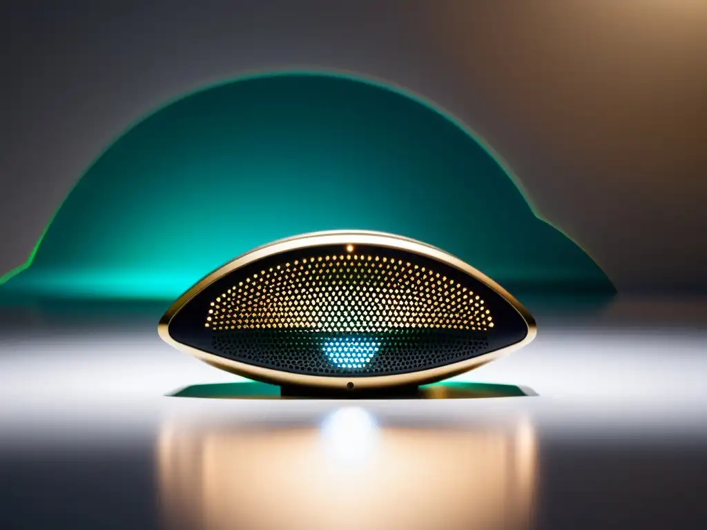 Dispositivo de monitoreo auditivo de vanguardia en detalle Un dispositivo de monitoreo auditivo inmunológico de diseño futurista, iluminado por luz ambiental, con un fondo minimalista limpio