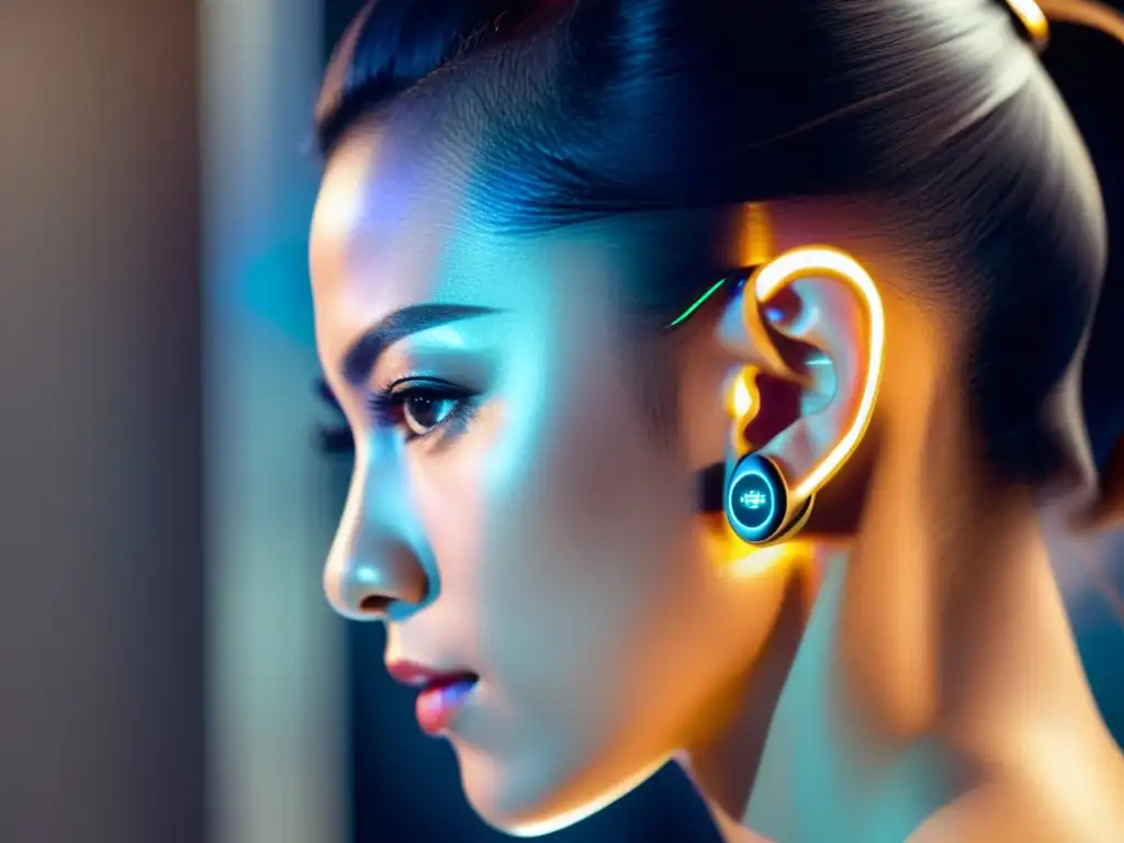 Dispositivo de monitoreo auditivo de alta tecnología Dispositivo de monitoreo auditivo inmunológico de alta tecnología en un entorno futurista, mostrando detalles intrincados y tecnología de vanguardia