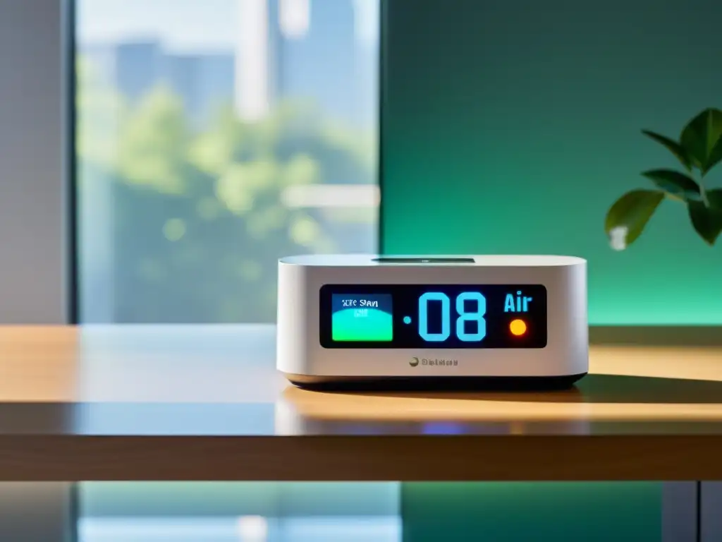 Monitor de calidad del aire: tecnología moderna y elegante en acción Un dispositivo de monitoreo de calidad del aire, de diseño moderno y elegante, iluminado por luz natural, muestra datos en tiempo real