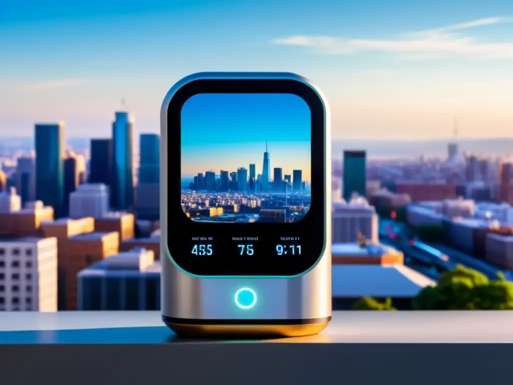 Monitoreo de calidad del aire en la ciudad moderna Dispositivo de monitoreo de calidad del aire en ciudad vibrante, resaltando la importancia de monitoreo de calidad del aire en entornos urbanos