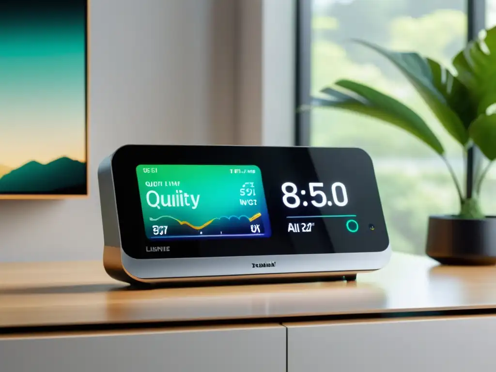 Monitor de calidad del aire: Elegancia y tecnología en casa Dispositivo de monitoreo de calidad del aire en elegante sala moderna, mostrando datos en pantalla