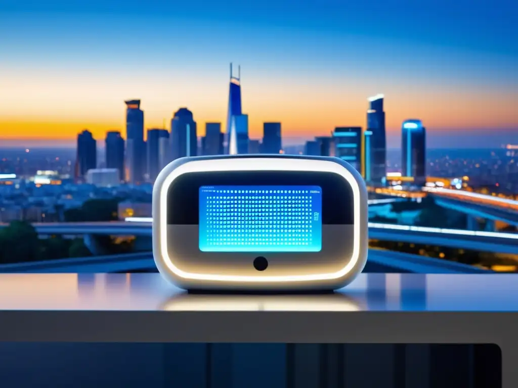 Dispositivo futurista de monitoreo de calidad del aire en la ciudad Un dispositivo de monitoreo de calidad del aire de diseño futurista, iluminado en la ciudad