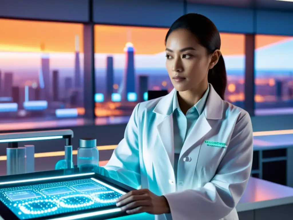 Nanotecnología revela sistema inmunológico en acción Dispositivo de monitoreo inmunológico avanzado futurista en laboratorio con vista a la ciudad
