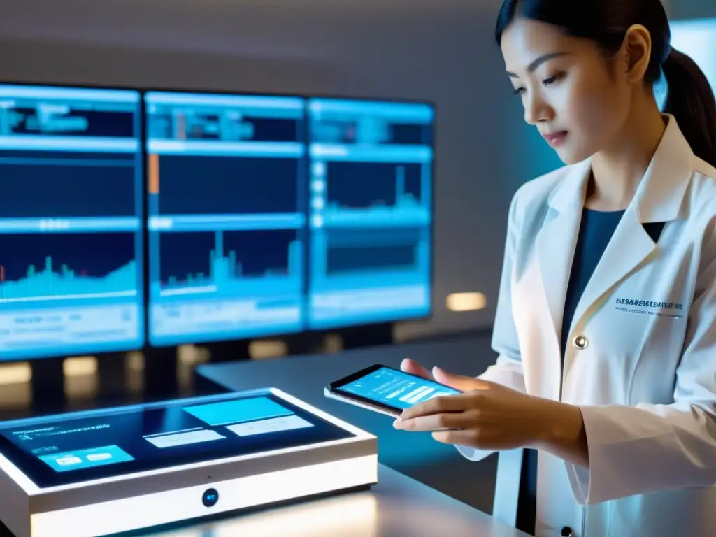 Dispositivo futurista de monitoreo inmunológico en laboratorio Dispositivo de monitoreo inmunológico avanzado futurista en laboratorio con tecnología de vanguardia y científicos analizando datos en tiempo real