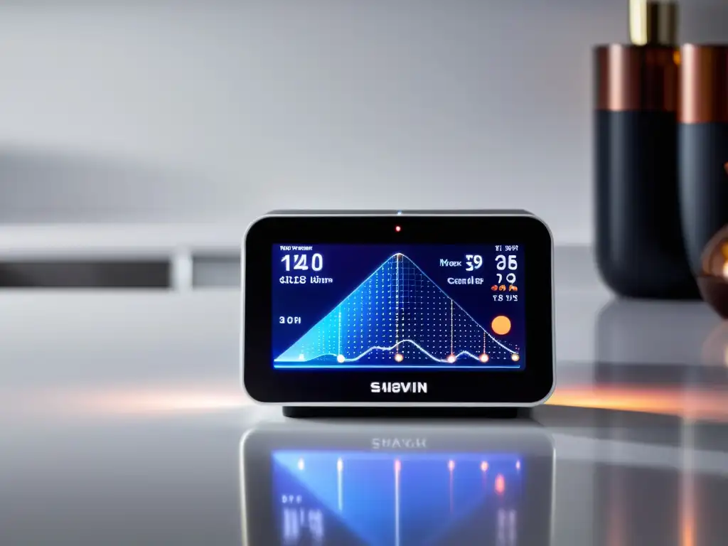 Dispositivo de monitoreo inmunológico de uso doméstico con diseño moderno y datos en pantalla, sobre encimera blanca