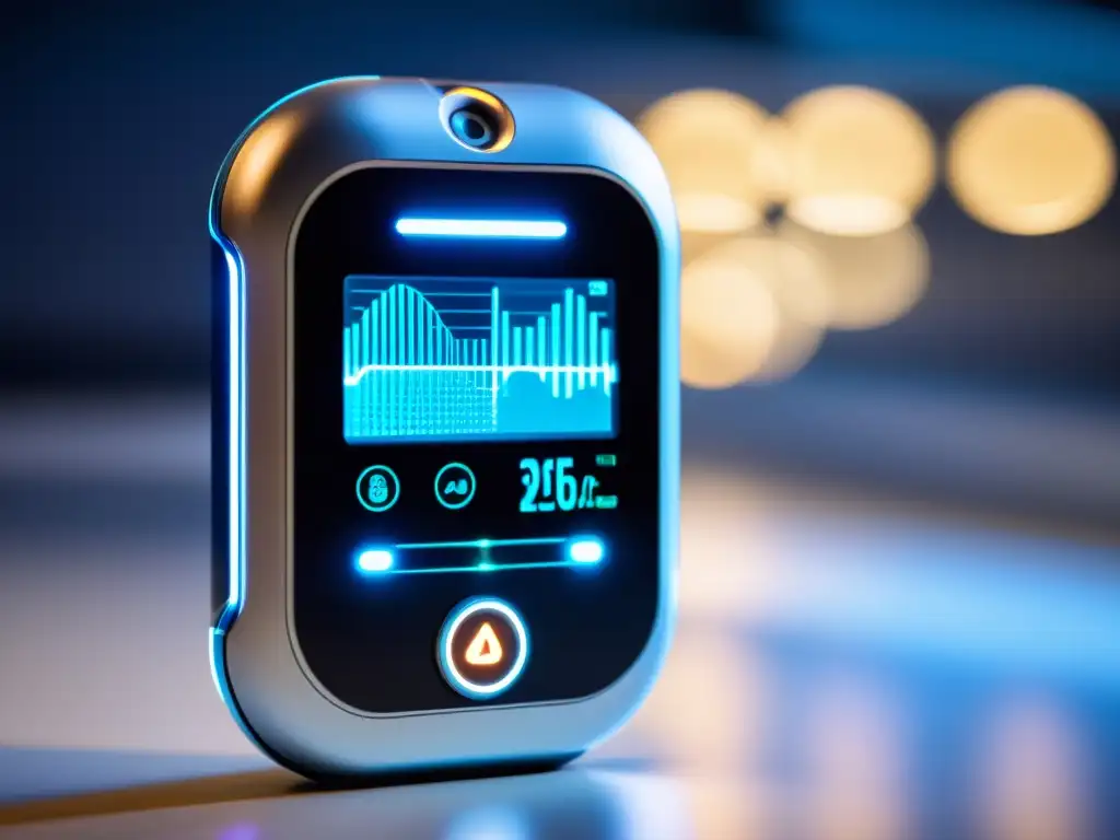 Monitor respiratorio de alta tecnología: datos en tiempo real Dispositivo de monitoreo respiratorio de alta tecnología en un entorno futurista, mostrando datos en tiempo real