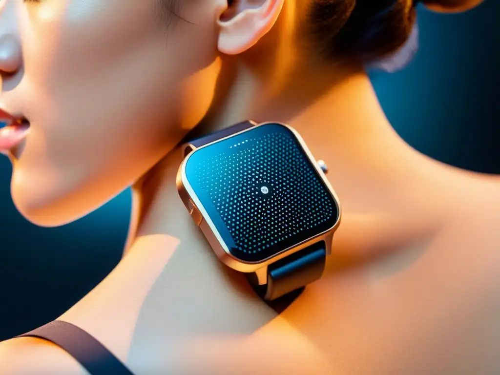 Dispositivo futurista de estimulación inmunológica vibrante Un dispositivo portátil futurista muestra detalles vibrantes para estimulación inmunológica