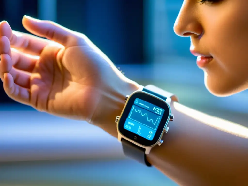 Dispositivo wearable de vanguardia para monitoreo del sistema inmune Un dispositivo portátil moderno muestra datos de salud inmune en un laboratorio futurista