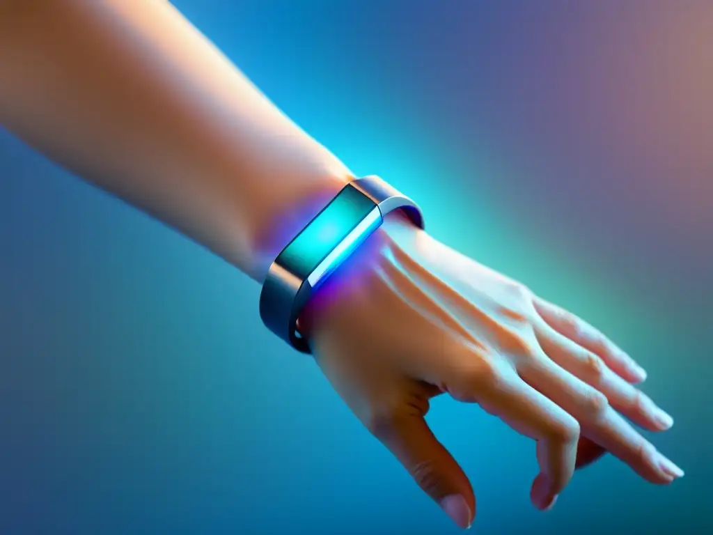 Dispositivo wearable futurista emitiendo vibraciones para bienestar Un dispositivo portátil moderno con un diseño minimalista, emitiendo vibraciones suaves para estimulación inmunológica