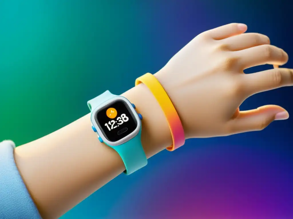 Reloj inteligente para niños: monitor de salud avanzado Un dispositivo portátil moderno para niños con pantalla táctil y monitoreo de salud, rodeado de material suave