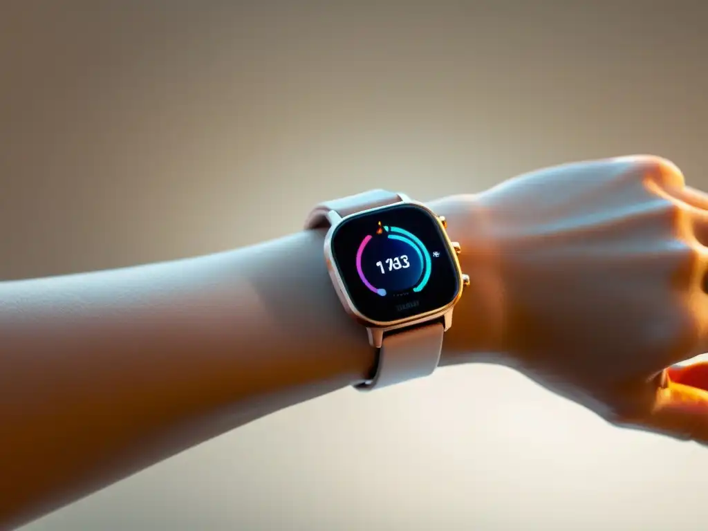 Tracker de fertilidad y salud inmune: tecnología innovadora Un dispositivo de seguimiento de fertilidad y salud inmunológica, con sensores detallados y diseño moderno, se lleva en la muñeca