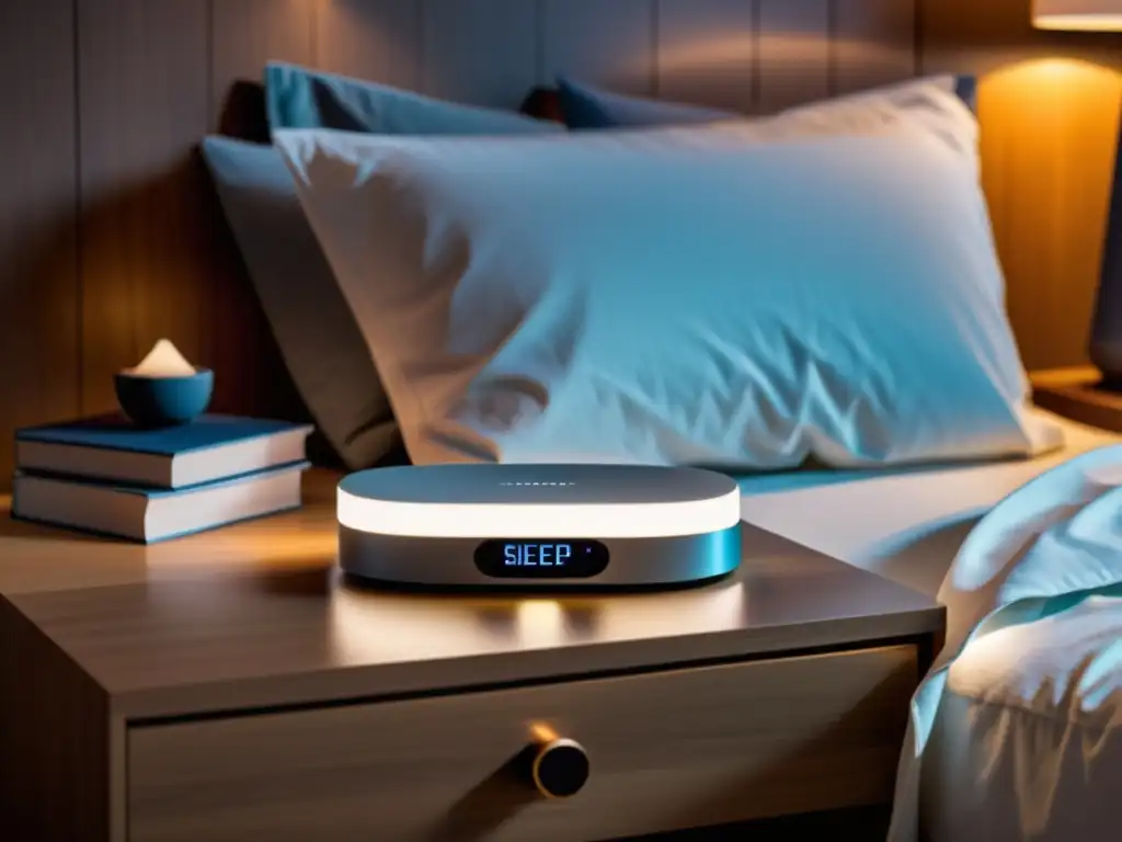 Dispositivo de monitoreo del sueño integrado en el dormitorio moderno Dispositivo de monitorización del sueño en mesa de noche moderna, con luz ambiental relajante