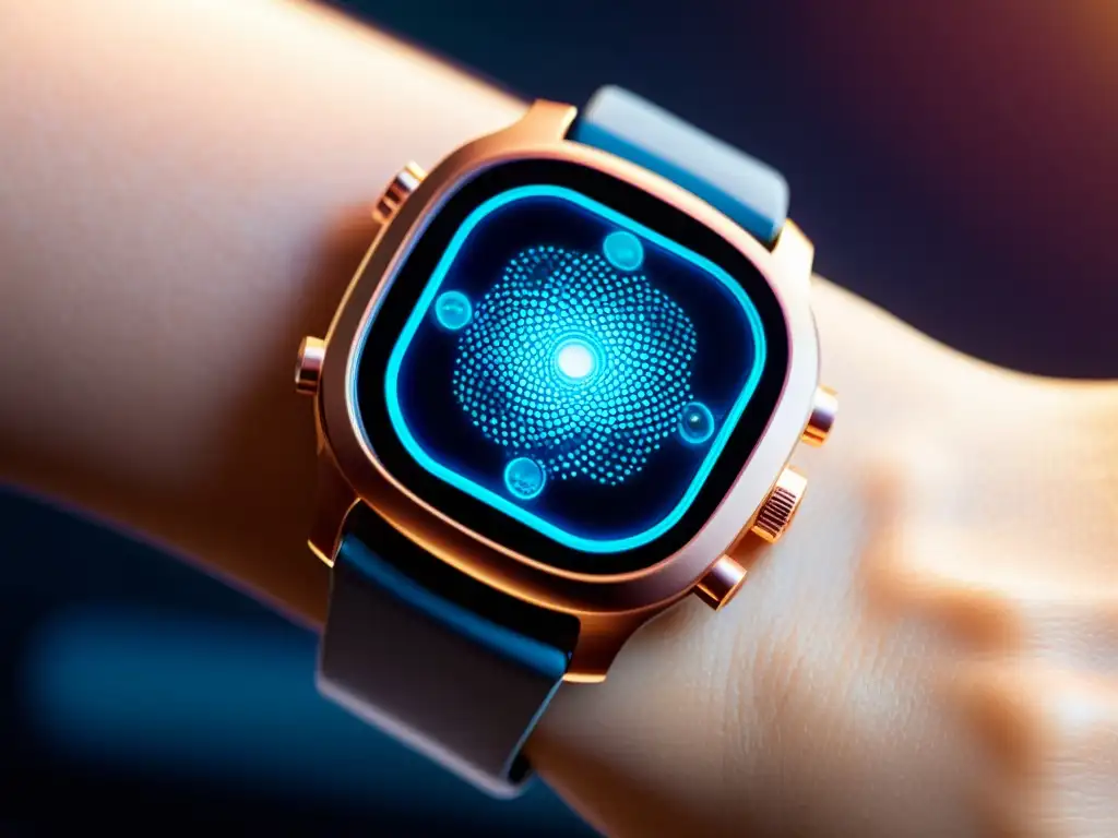 Dispositivo moderno con pantalla LED vibrante y fondo científico Un dispositivo vestible moderno con luces LED vibrantes, rodeado de imágenes científicas, destacando su tecnología avanzada