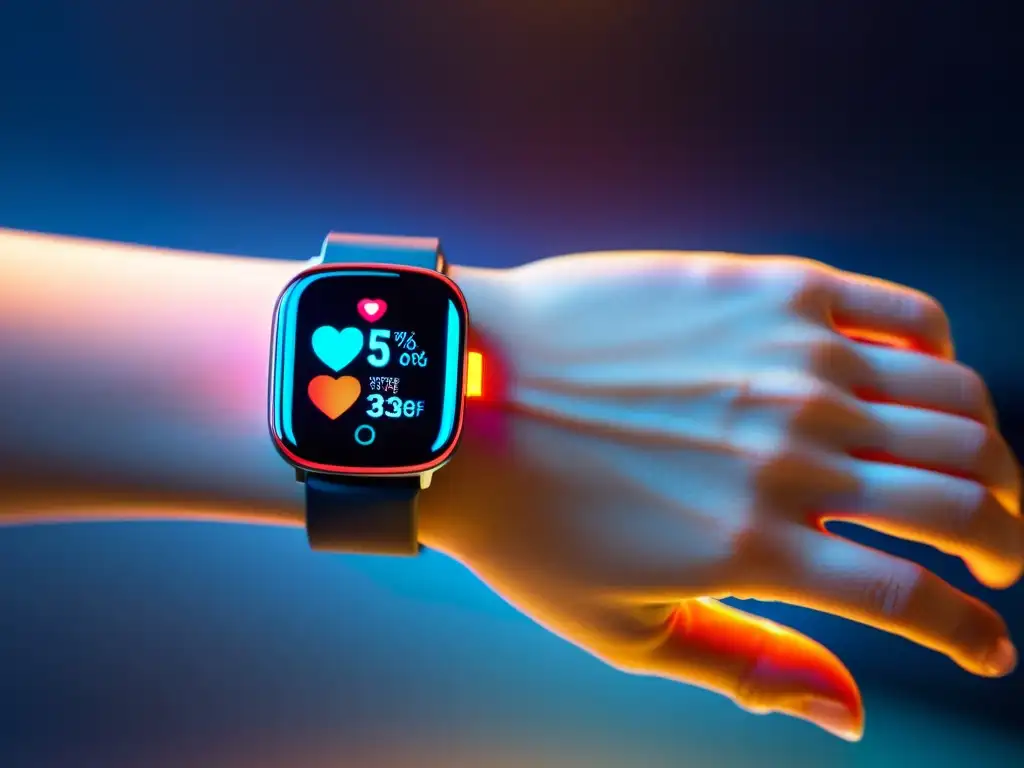 Dispositivo wearable de alta tecnología mostrando métricas de salud Un dispositivo wearable de última generación muestra datos de salud en su pantalla LED vibrante