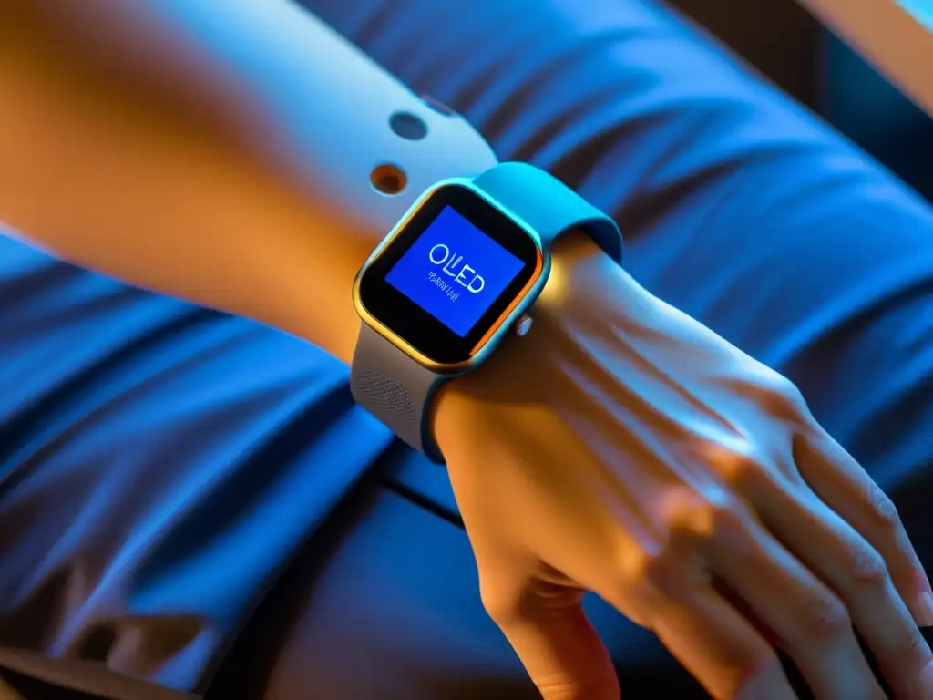 Dispositivo de seguimiento de salud avanzado en la muñeca Un dispositivo wearable con diseño futurista capturando datos de salud del usuario