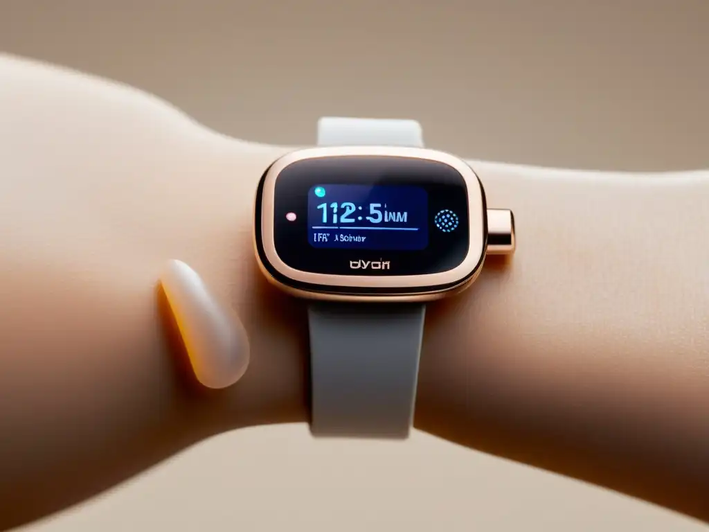 Dispositivo de seguimiento de fertilidad: diseño moderno y precisión Un dispositivo wearable para entender fertilidad y sistema inmunológico, con diseño moderno y acabado metálico, destacando sus detalles intrincados