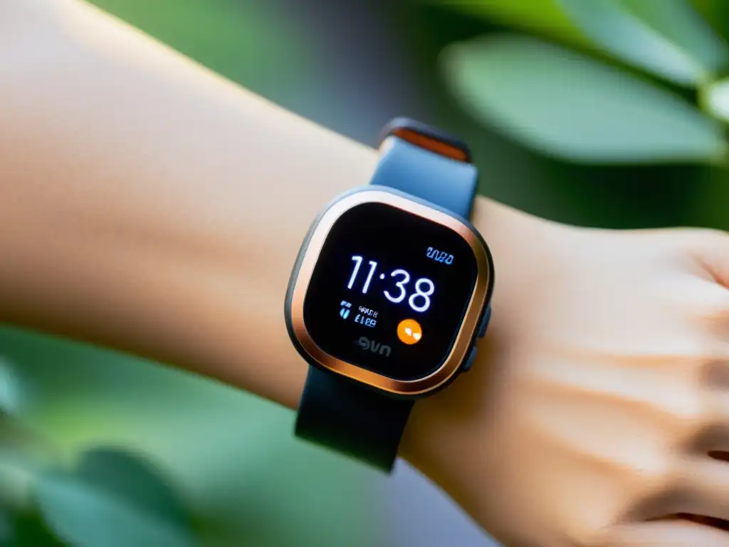 Dispositivo wearable de salud y medio ambiente de vanguardia Un dispositivo wearable futurista muestra alertas de salud ambiental en una ciudad innovadora y sofisticada