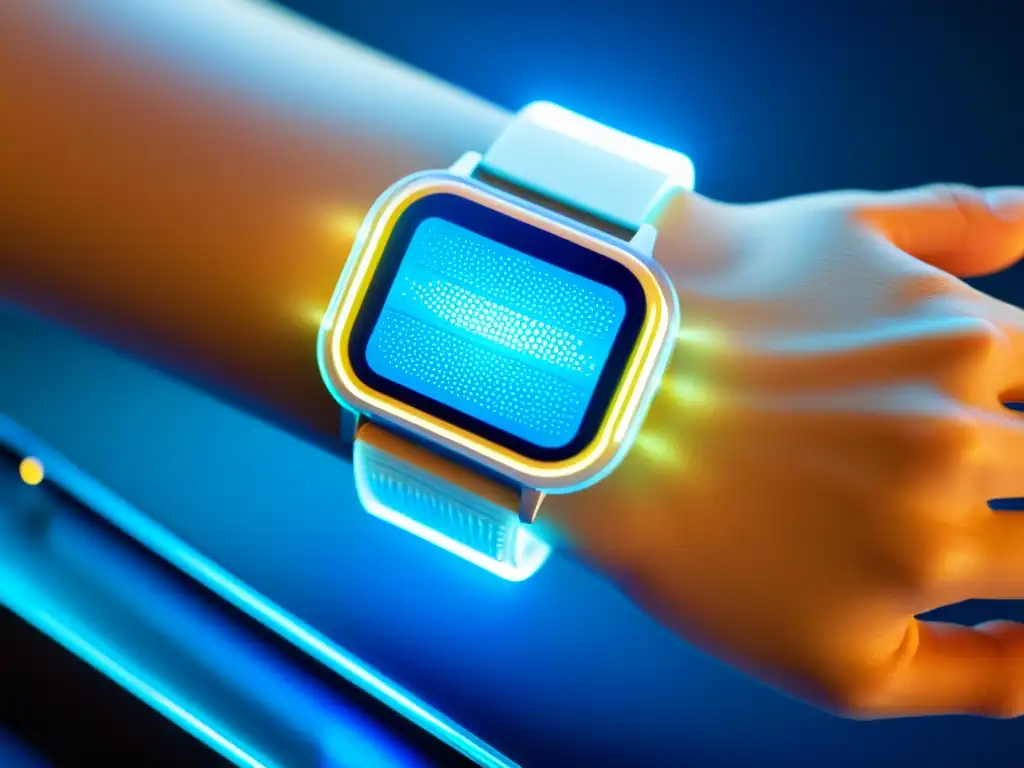 Análisis en tiempo real de composición del sudor con tecnología futurista Dispositivo wearable futurista mostrando análisis en tiempo real de sudor, integrando tecnología avanzada en monitoreo de salud inmune