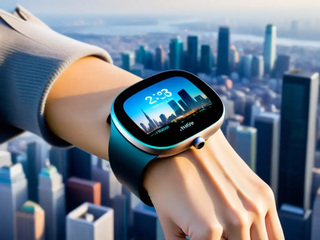 Empoderamiento ambiental: Tecnología vestible muestra calidad del aire Un dispositivo wearable futurista muestra datos de calidad del aire en tiempo real sobre un fondo urbano