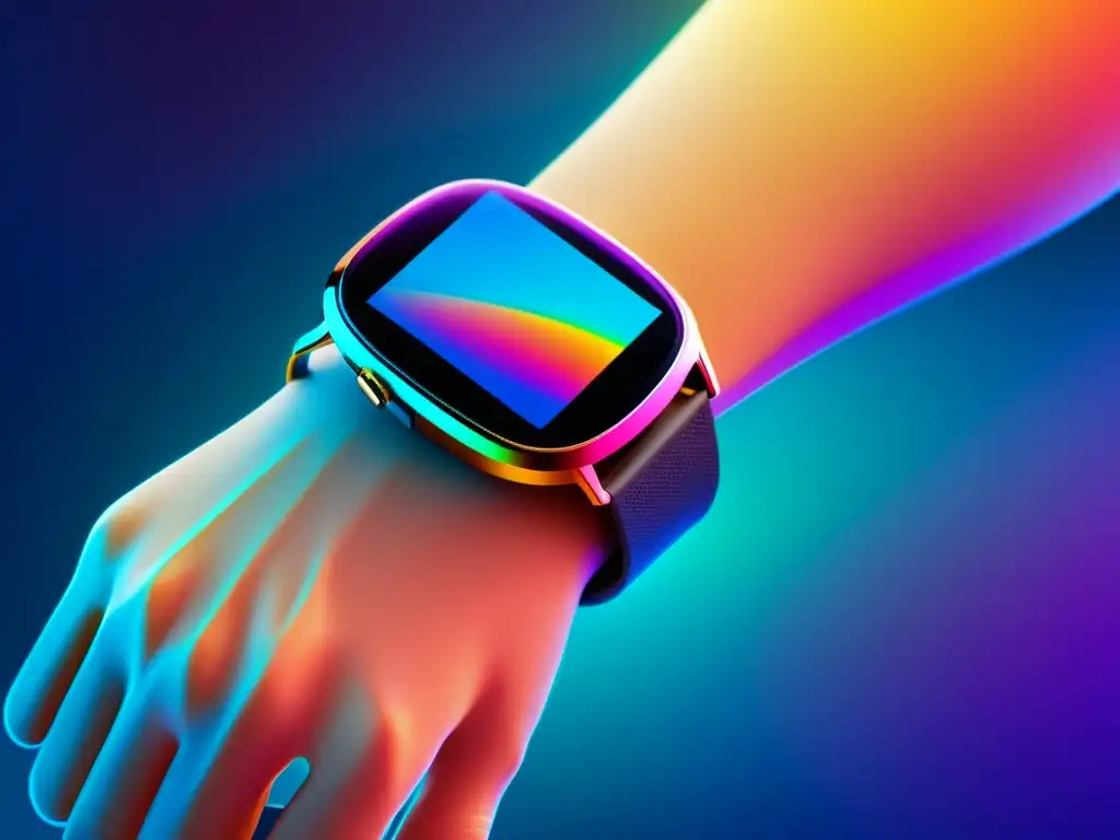 Dispositivo wearable futurista: monitorización inmunológica Un dispositivo wearable futurista con monitoreo inmunológico y tecnología avanzada en un fondo de colores dinámicos
