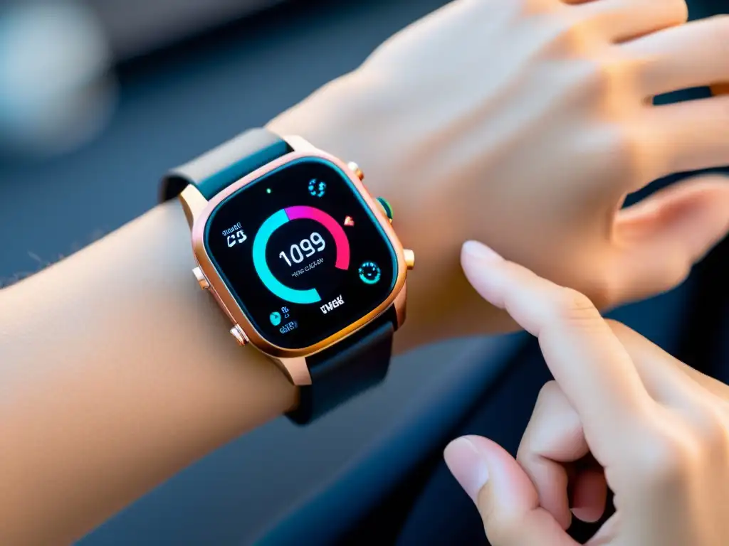 Dispositivo de salud ultramoderno con pantalla vibrante Un dispositivo wearable futurista con sensores biométricos y pantalla de alta definición muestra datos de salud en tiempo real