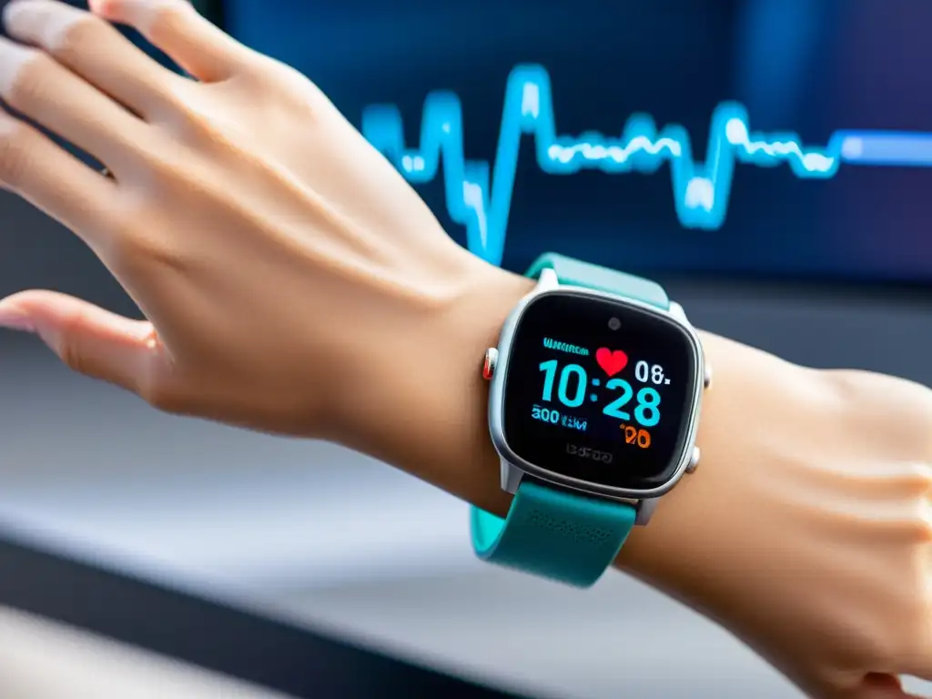 Dispositivo wearable de salud Un dispositivo wearable moderno muestra métricas de salud en una muñeca