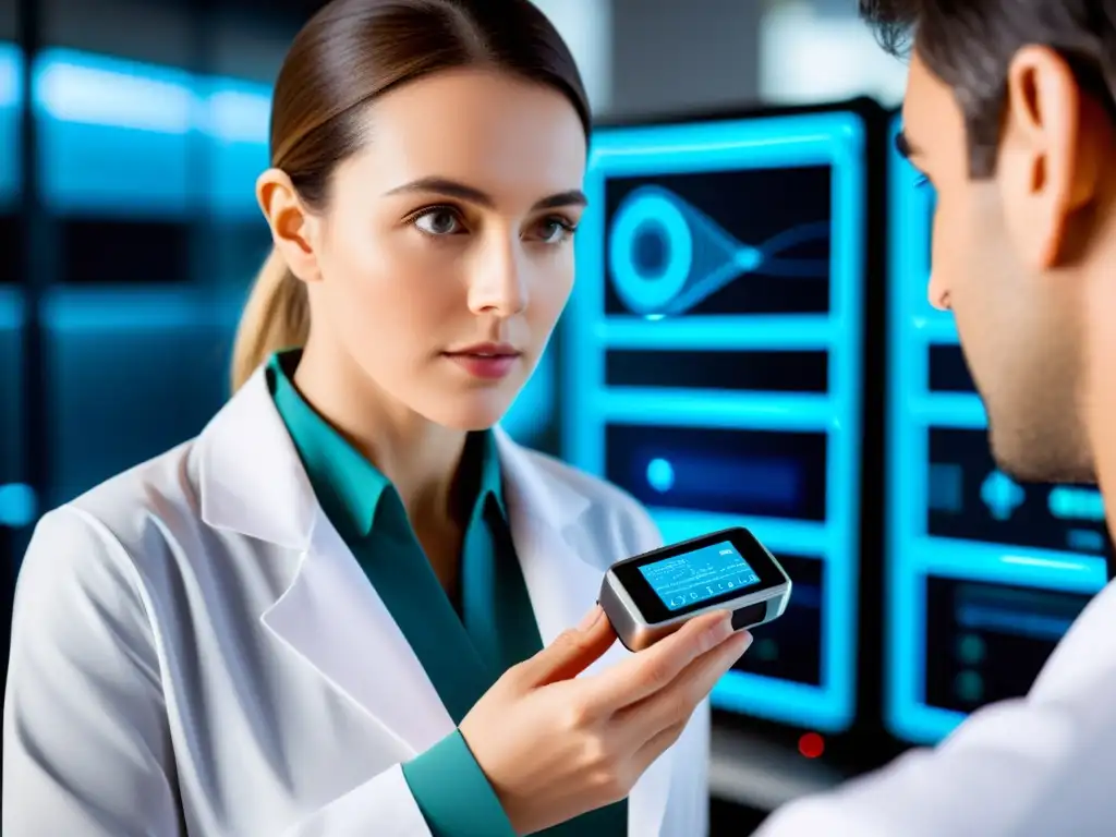 Dispositivo wearable de alta tecnología para investigación inmunológica Un dispositivo wearable moderno con sensores detallados en un entorno de laboratorio, destacando la importancia de los wearables en investigación inmunológica