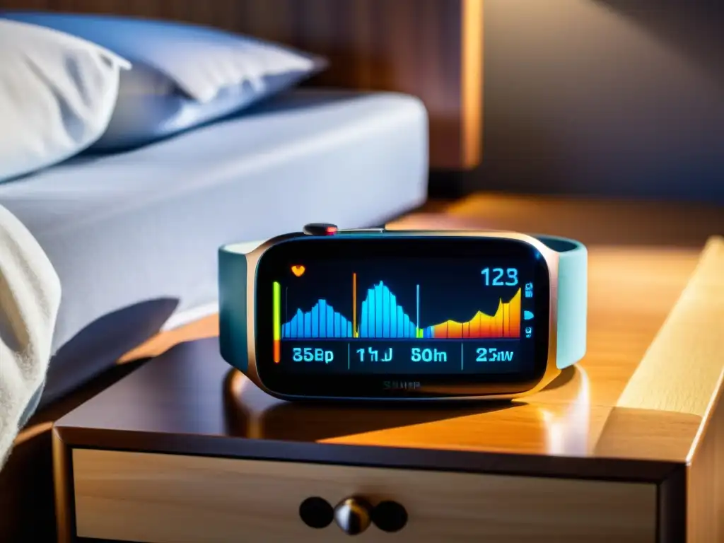 Análisis de sueño en dispositivo moderno: tranquilidad y tecnología Dispositivo wearable para mejorar el sistema inmunológico en una atmósfera tranquila y relajante