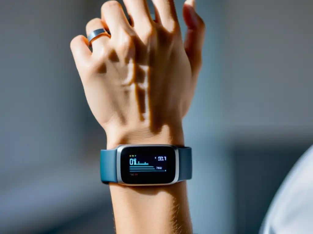 Dispositivo portátil de análisis de sudor para salud inmune Un dispositivo wearable de última generación para analizar el sudor inmune, con diseño moderno y sofisticado