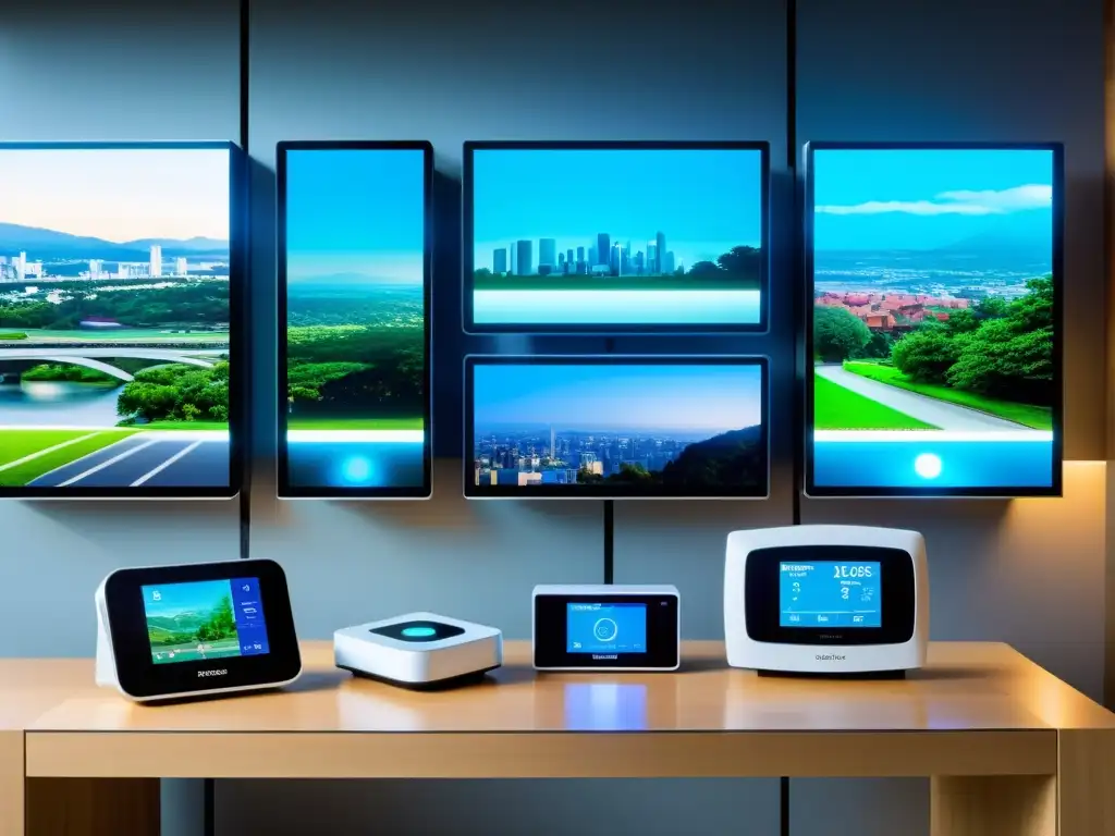 Monitoreo Futurista de Calidad del Aire en Diversos Entornos Dispositivos de monitoreo de calidad del aire en diferentes entornos, mostrando su importancia para la salud respiratoria