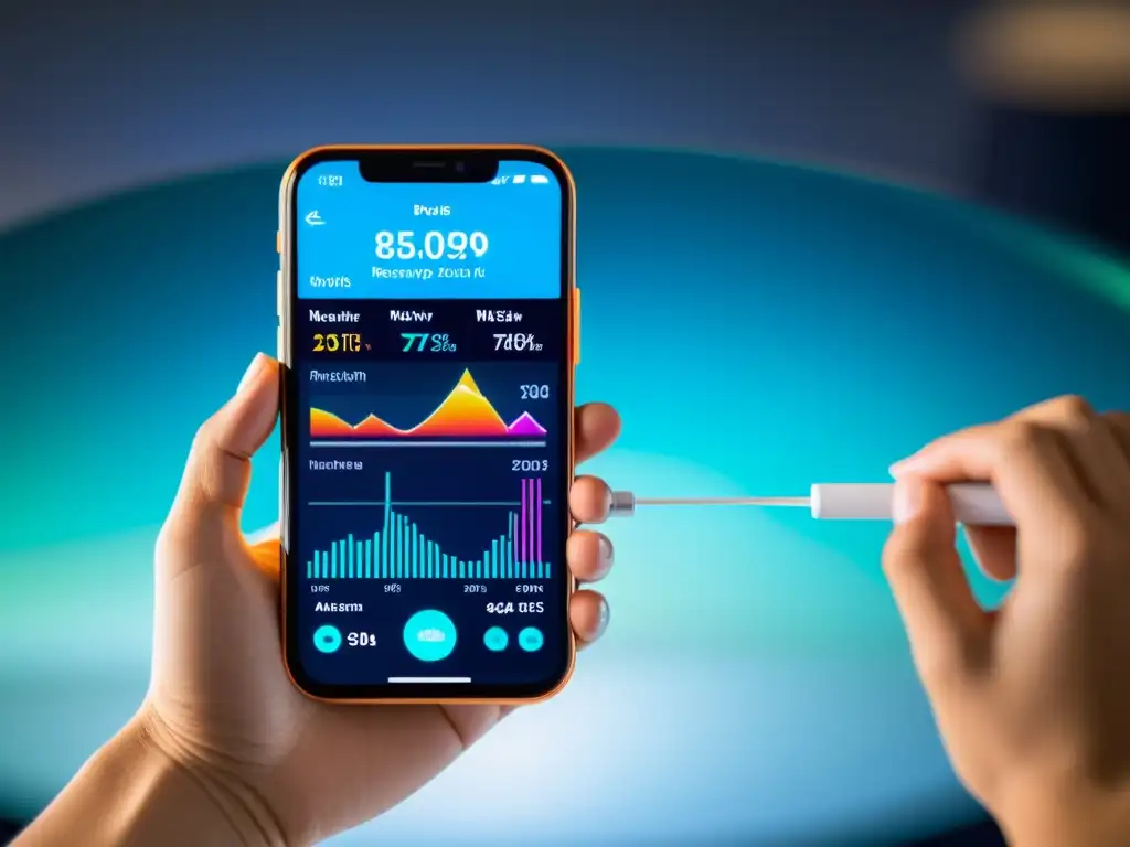 Dispositivo de monitoreo respiratorio de alta tecnología y app futurista Dispositivos de monitoreo respiratorio y sistema inmune de alta tecnología en ambiente profesional y sofisticado