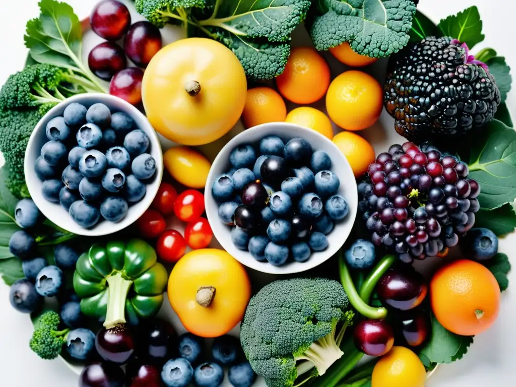 Arcoíris de Frutas y Verduras Antiinflamatorias Diversidad de frutas y verduras en patrón simétrico sobre fondo blanco, resaltando la belleza natural y beneficios para la dieta antiinflamatoria y sistema inmunológico