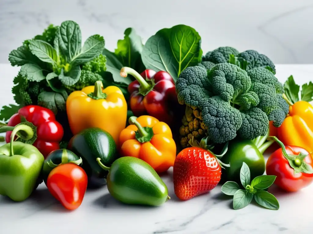 Vibrante diversidad de frutas y verduras inmunoestimulantes Diversidad de frutas y verduras frescas en encimera de mármol blanco