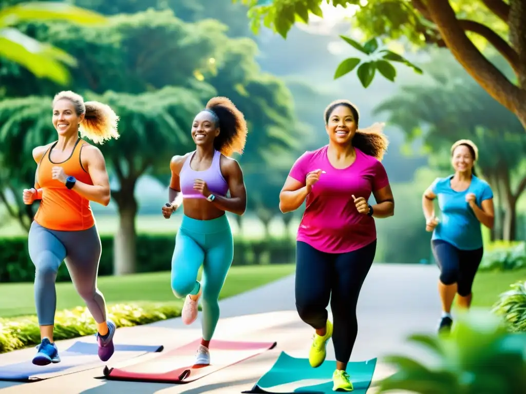 Adultos activos: Mejorando la inmunidad con ejercicio y dieta Diverso grupo de adultos disfrutando de actividades físicas al aire libre, promoviendo la salud y la inmunidad en adultos con obesidad