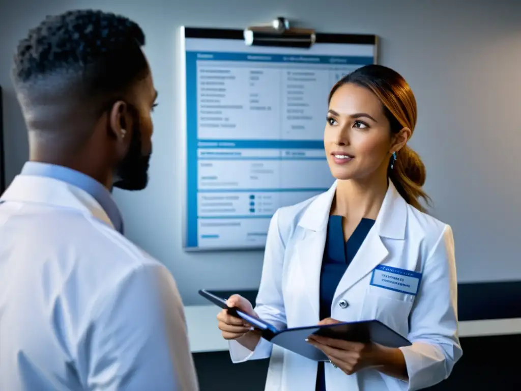 Doctor en consulta moderna discute beneficios de chequeos inmunológicos con paciente atento