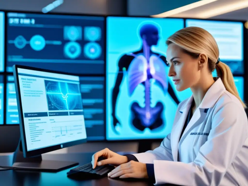 Doctor explicando sistema inmune con tecnología futurista Doctor en consulta moderna, analizando sistema inmunológico