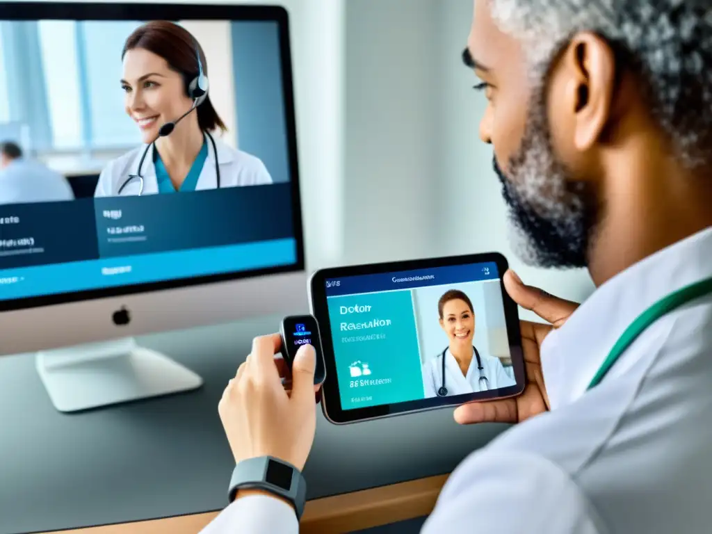Telemedicina inmunológica: Consulta remota con wearables Un doctor realiza una consulta remota con un paciente usando un dispositivo portátil, destacando la integración de la tecnología en la atención médica