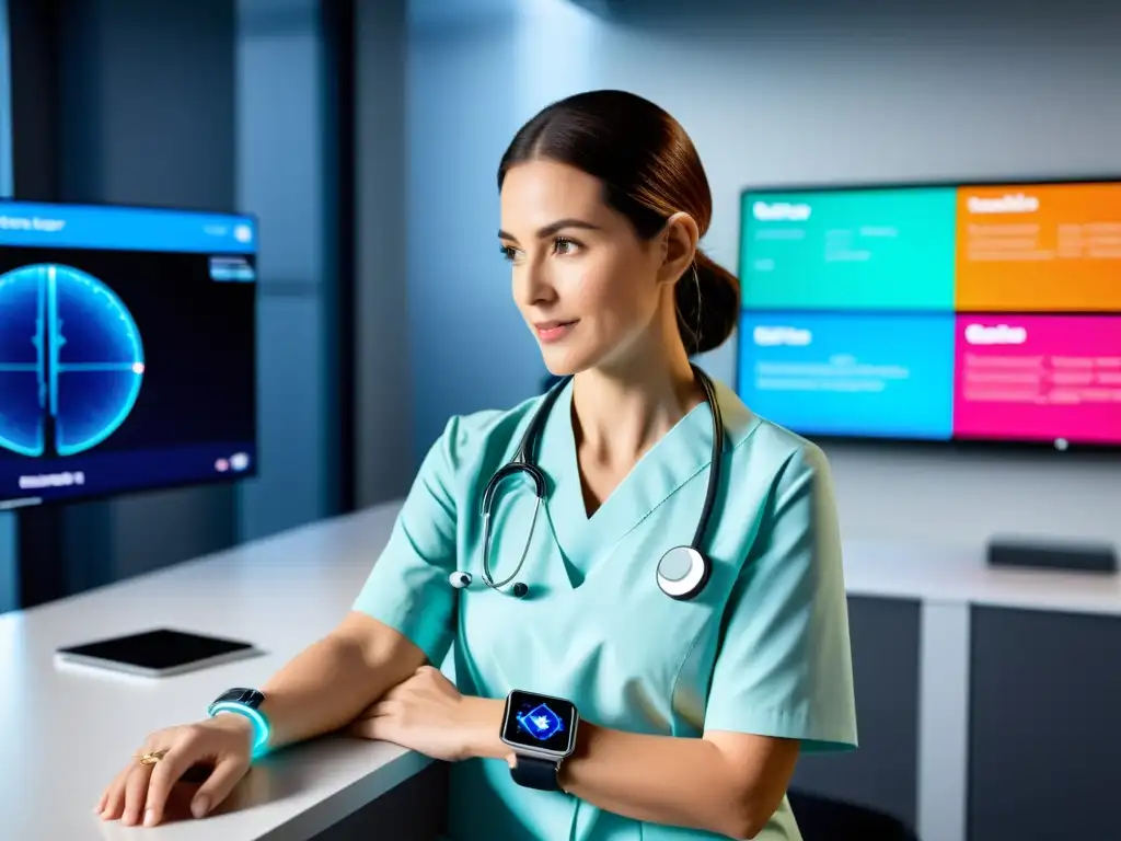 Doctor remoto monitorea inmunología con dispositivo futurista Doctor en consulta de telemedicina para consultas inmunológicas, usando dispositivo futurista para monitorear la salud del paciente de forma remota
