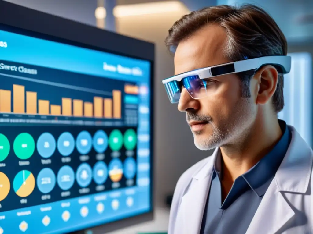 Doctor con gafas inteligentes examina modelo 3D del sistema inmunológico Doctor usando gafas inteligentes para monitorización continua salud inmunológica en instalación médica futurista