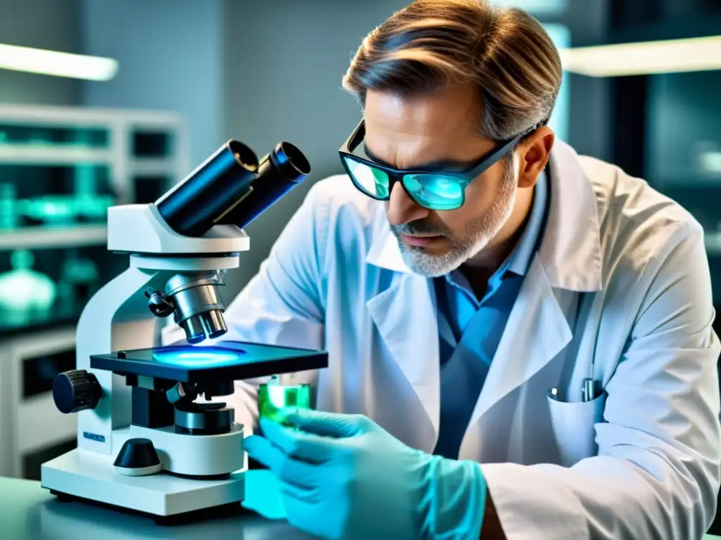Experto en Psiconeuroinmunología examina muestra en laboratorio moderno Un doctor examina una placa de Petri bajo un microscopio en un laboratorio moderno, rodeado de tecnología avanzada