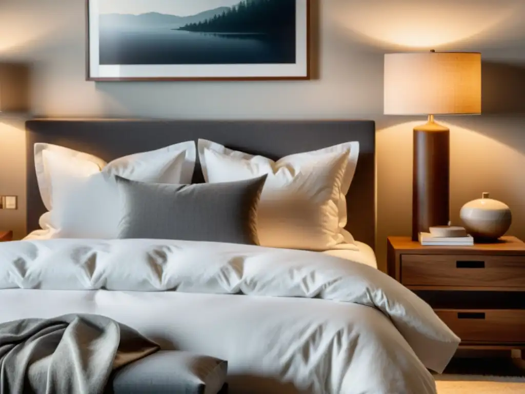 Acogedora habitación con cama impecable y cálida iluminación Un dormitorio acogedor con sábanas blancas bien hechas y una iluminación cálida, promoviendo la importancia del sueño en inmunidad
