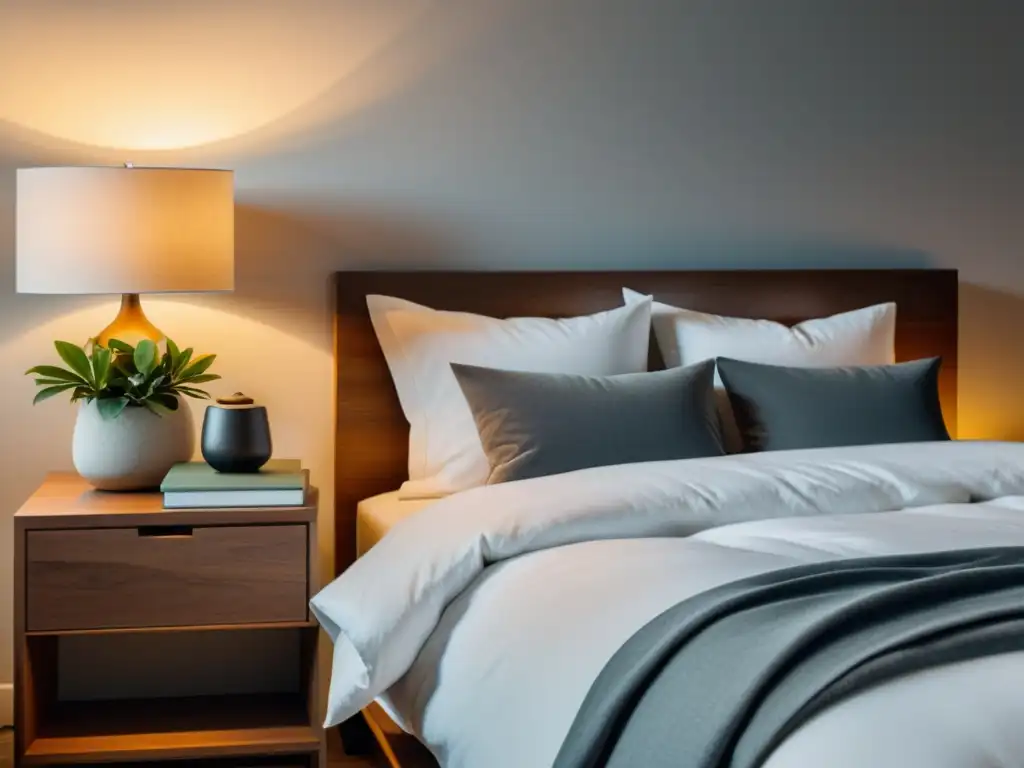 Dormitorio minimalista sereno en luz cálida Un dormitorio minimalista con cama impecable, libros, agua y planta, invita al sueño reparador para mejorar sistema inmunológico