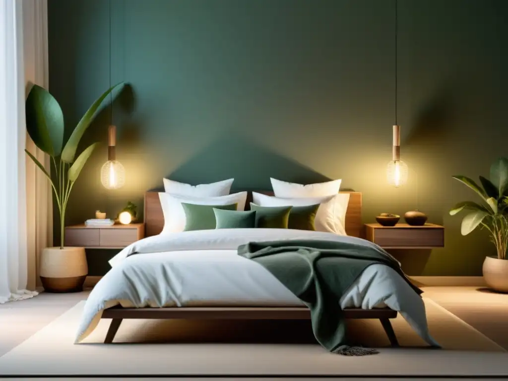 Dormitorio moderno y sereno: oasis de tranquilidad y descanso Un dormitorio moderno y sereno con iluminación suave y ambiente tranquilo