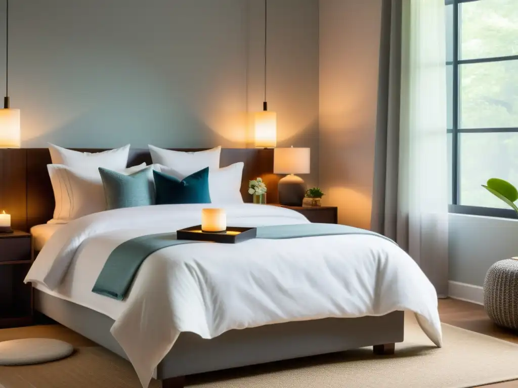 Espacio de meditación sereno y moderno para relajación nocturna Un dormitorio moderno y sereno con luz natural difusa, invitando a disfrutar de los beneficios de la meditación para la calidad del sueño
