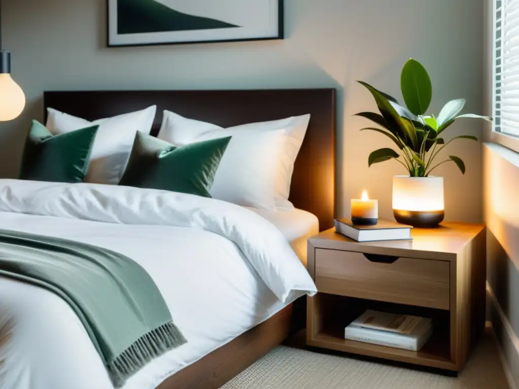 Un dormitorio moderno y sereno con decoración minimalista, ideal para un sueño profundo y sistema inmunológico fortalecido