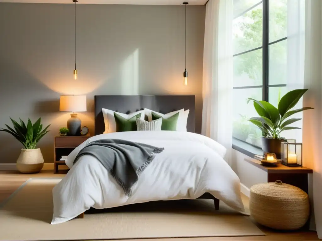 Atmósfera serena en dormitorio moderno con luz suave y natural Un dormitorio moderno y sereno con iluminación natural, invita al sueño reparador para mejorar el sistema inmunológico