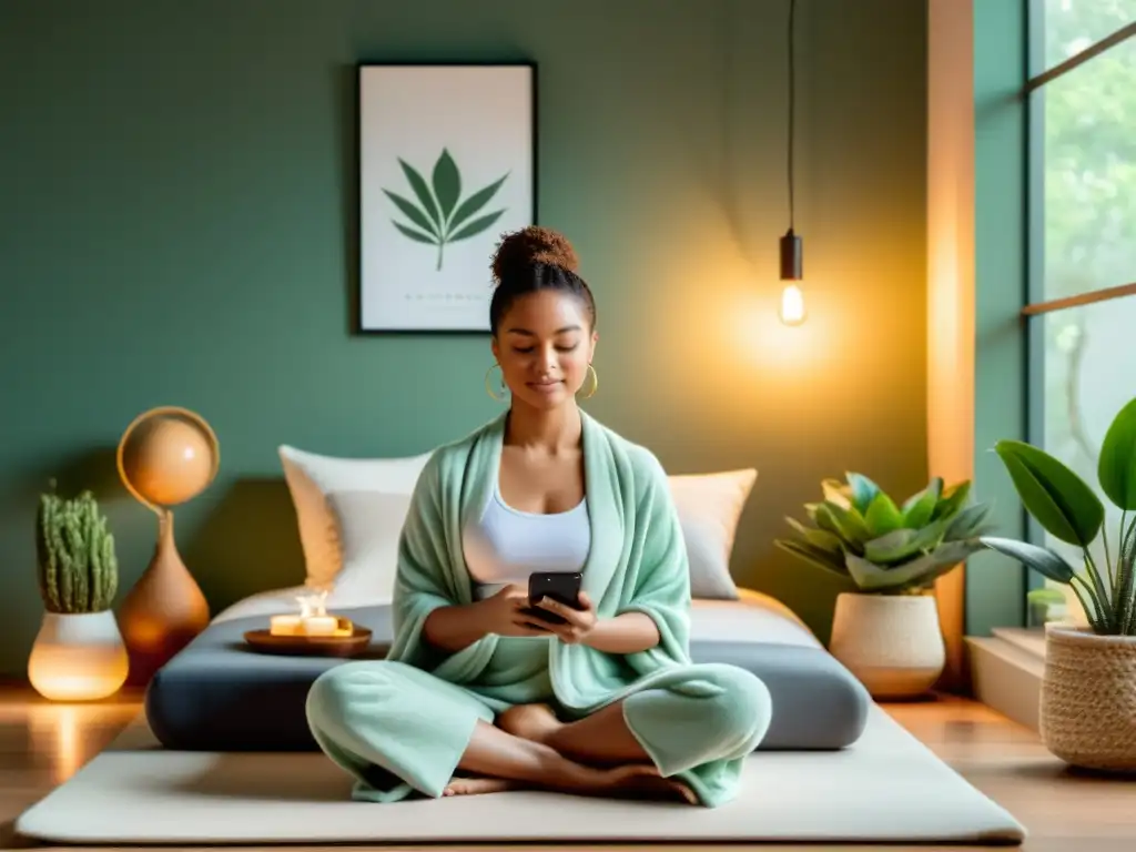Serena habitación moderna para meditar y dormir bien Un dormitorio moderno y sereno, con iluminación cálida