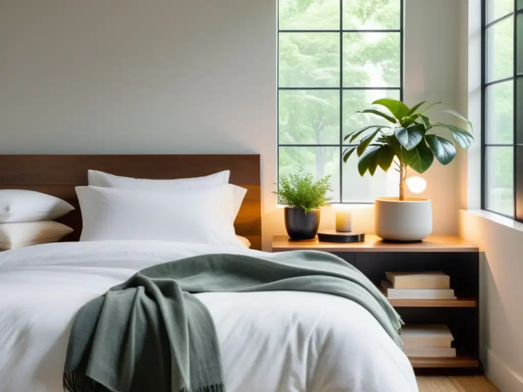 Espacio sereno con luz natural y toques verdes Un dormitorio moderno y tranquilo con luz natural